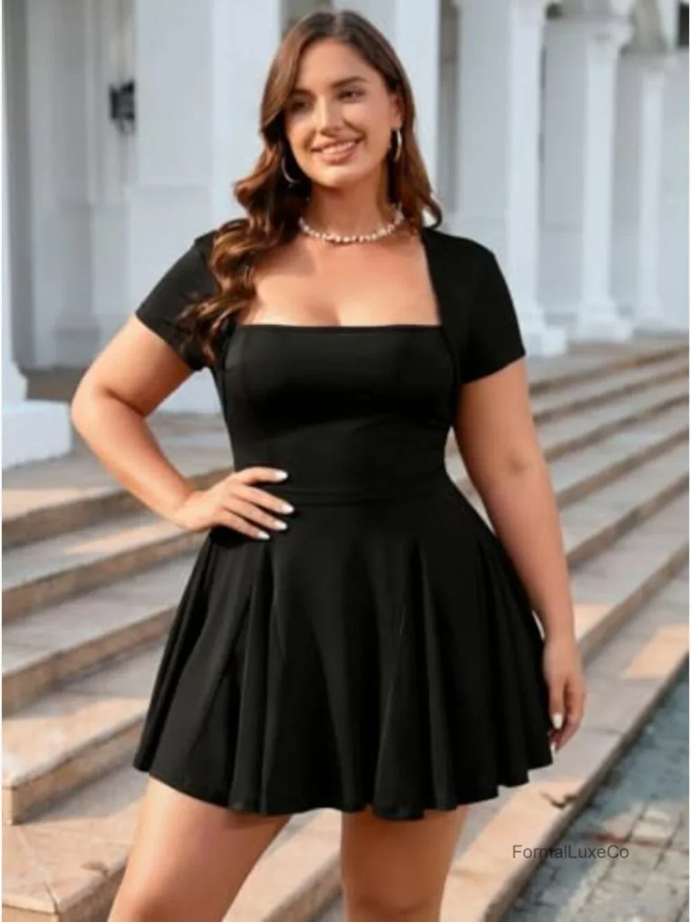 Plus Size A-Line Mini Dress Square Neck Short Sleeve Ruffle Hem Party - Picture 2 of 5